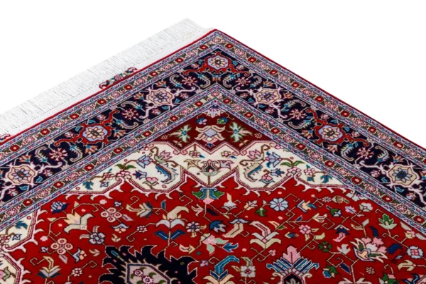 Persian Hand-knotted Tabriz Heris rug in red and navy in 3 sqm, fine wool on cotton with silk by Parsa Rugs.