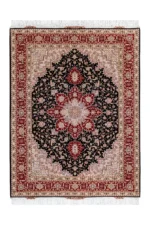 Hand-knotted Heris design Persian rug from Tabriz in black and deep red tones by Parsa Rugs—woven in fine wool with silk.
