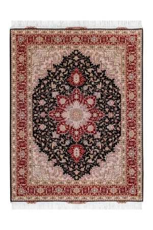 Hand-knotted Heris design Persian rug from Tabriz in black and deep red tones by Parsa Rugs—woven in fine wool with silk.
