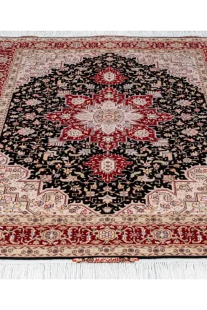 Hand-knotted Heris design Persian rug from Tabriz in black and deep red tones by Parsa Rugs—woven in fine wool with silk.