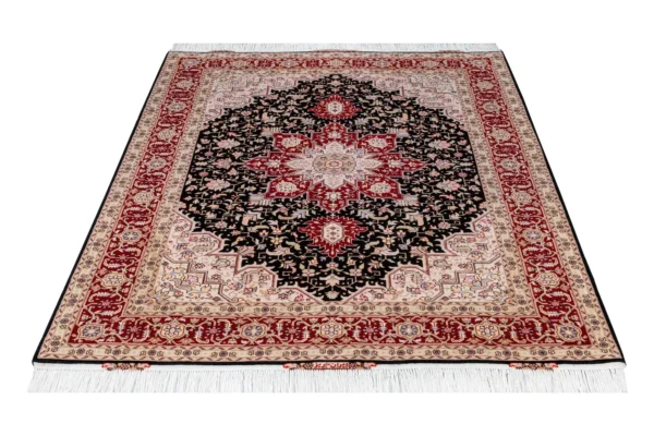 Hand-knotted Heris design Persian rug from Tabriz in black and deep red tones by Parsa Rugs—woven in fine wool with silk.