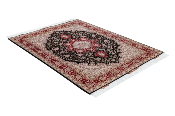 Hand-knotted Heris design Persian rug from Tabriz in black and deep red tones by Parsa Rugs—woven in fine wool with silk.
