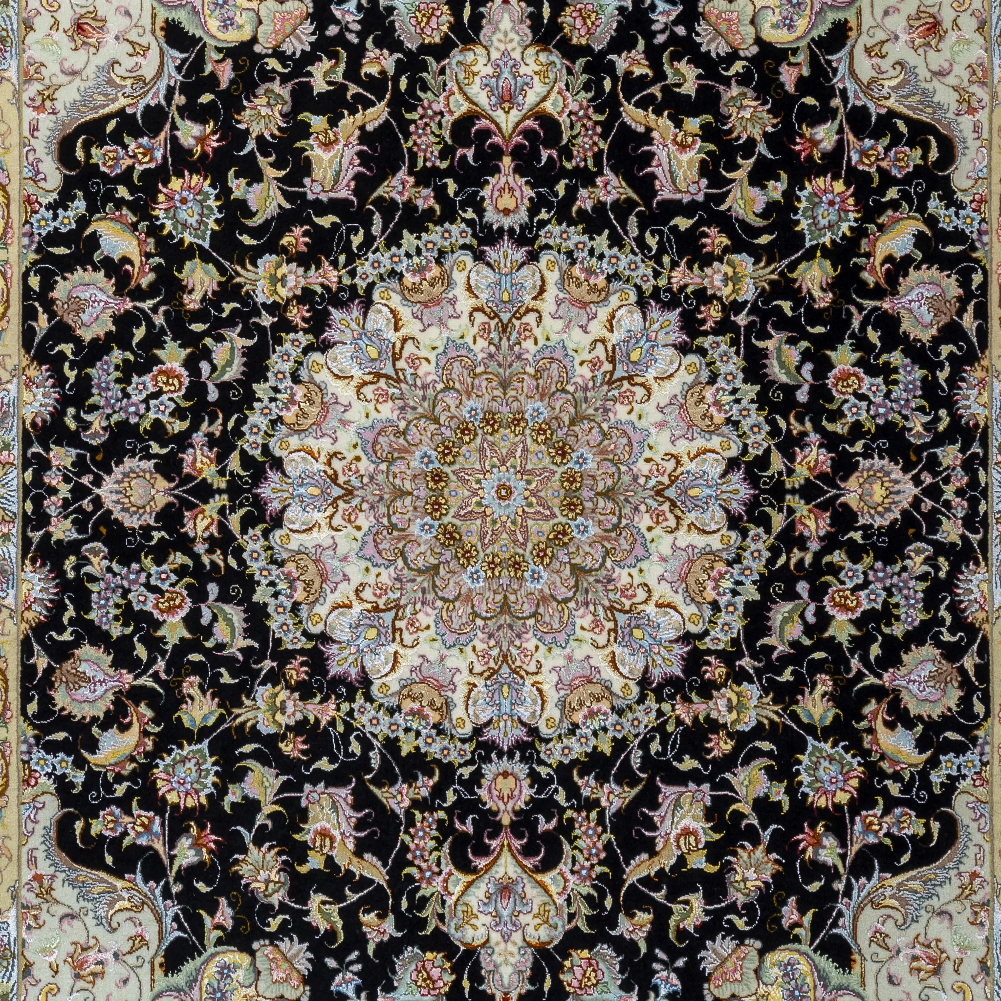 Hand-knotted Persian Tabriz rug in Olia design by Parsa Rugs, featuring black field with ivory border and intricate floral medallion – approx. 3 sqm.
