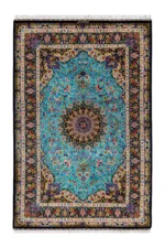 Hand-knotted Persian silk rug from Qom, Lachak Toranj design in turquoise and black, 80 Raj , by Parsa Rugs.