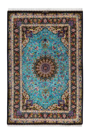 Hand-knotted Persian silk rug from Qom, Lachak Toranj design in turquoise and black, 80 Raj , by Parsa Rugs.