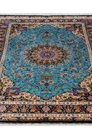 Hand-knotted Persian silk rug from Qom, Lachak Toranj design in turquoise and black, 80 Raj , by Parsa Rugs.