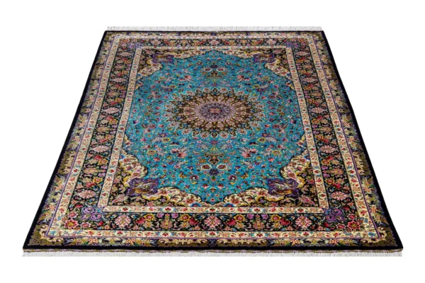 Hand-knotted Persian silk rug from Qom, Lachak Toranj design in turquoise and black, 80 Raj , by Parsa Rugs.