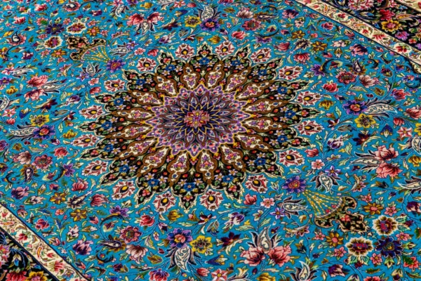 Hand-knotted Persian silk rug from Qom, Lachak Toranj design in turquoise and black, 80 Raj , by Parsa Rugs.