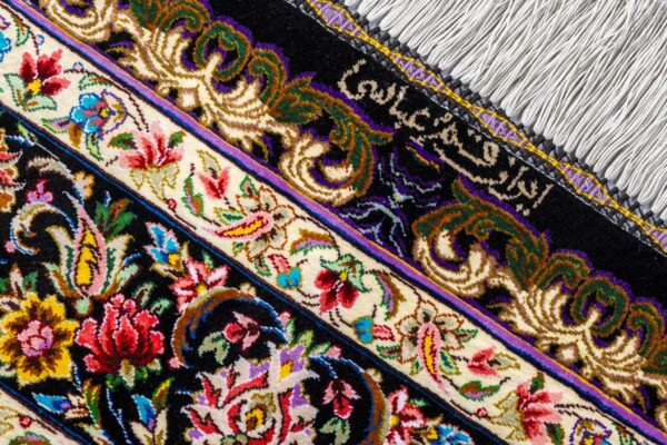 Hand-knotted Persian silk rug from Qom, Lachak Toranj design in turquoise and black, 80 Raj , by Parsa Rugs.