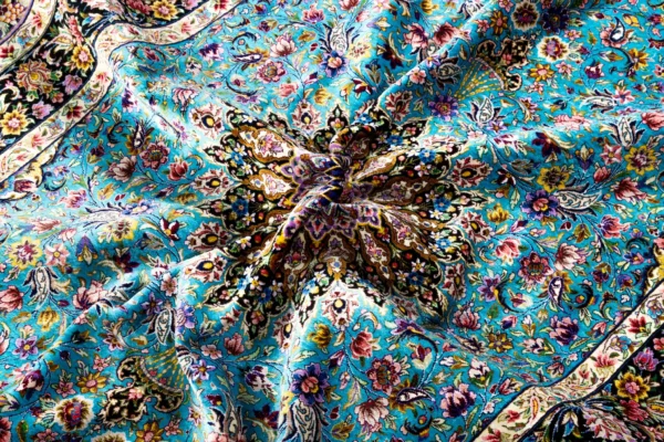 Hand-knotted Persian silk rug from Qom, Lachak Toranj design in turquoise and black, 80 Raj , by Parsa Rugs.