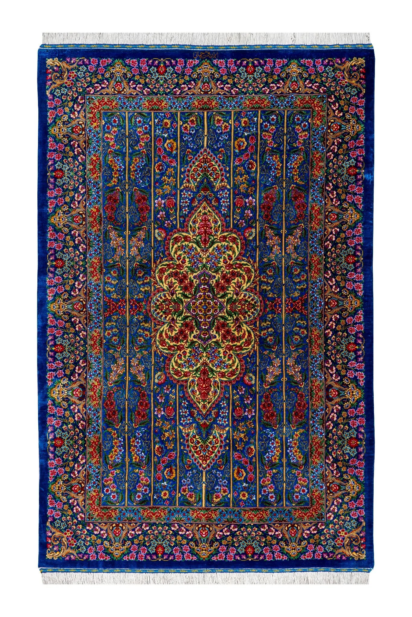 persian-full-silk-qom-1.5sqm-80raj-parsarugs-1066-0 Qom silk carpet 80 Raj with lachak toranj design – hand-knotted Persian rug in blue, ruby, and gold – full natural silk by Parsa Rugs