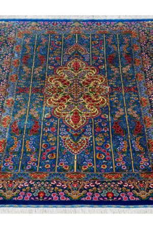 Qom silk carpet 80 Raj with lachak toranj design – hand-knotted Persian rug in blue, ruby, and gold – full natural silk by Parsa Rugs