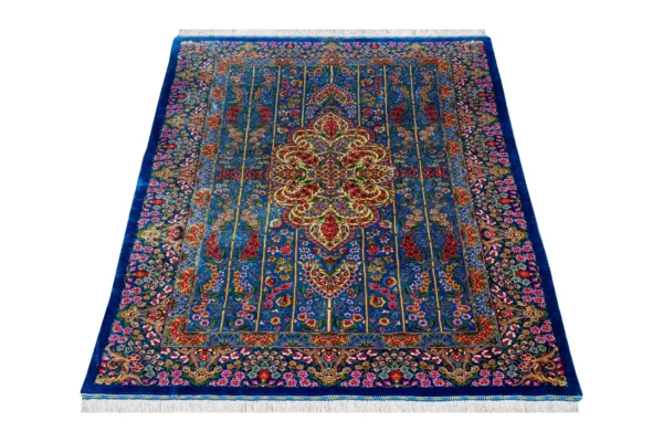 Qom silk carpet 80 Raj with lachak toranj design – hand-knotted Persian rug in blue, ruby, and gold – full natural silk by Parsa Rugs