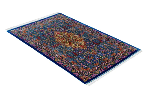 Qom silk carpet 80 Raj with lachak toranj design – hand-knotted Persian rug in blue, ruby, and gold – full natural silk by Parsa Rugs
