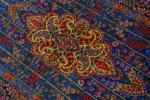 Qom silk carpet 80 Raj with lachak toranj design – hand-knotted Persian rug in blue, ruby, and gold – full natural silk by Parsa Rugs