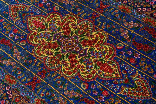 Qom silk carpet 80 Raj with lachak toranj design – hand-knotted Persian rug in blue, ruby, and gold – full natural silk by Parsa Rugs