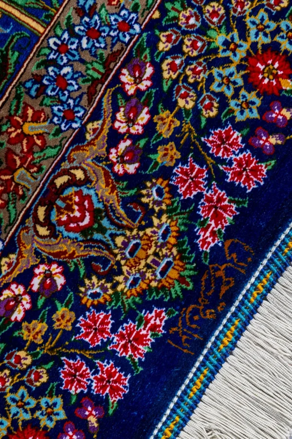 Qom silk carpet 80 Raj with lachak toranj design – hand-knotted Persian rug in blue, ruby, and gold – full natural silk by Parsa Rugs