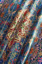 Qom silk carpet 80 Raj with lachak toranj design – hand-knotted Persian rug in blue, ruby, and gold – full natural silk by Parsa Rugs