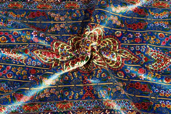 Qom silk carpet 80 Raj with lachak toranj design – hand-knotted Persian rug in blue, ruby, and gold – full natural silk by Parsa Rugs