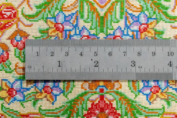 Qom silk carpet 80 Raj with lachak toranj design – hand-knotted Persian rug in blue, ruby, and gold – full natural silk by Parsa Rugs