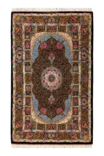 Hand-knotted Persian silk Qom carpet black and gold medallion design – 1.5 sqm, 80 Raj, Parsa Rugs