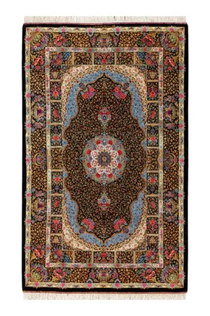 Hand-knotted Persian silk Qom carpet black and gold medallion design – 1.5 sqm, 80 Raj, Parsa Rugs