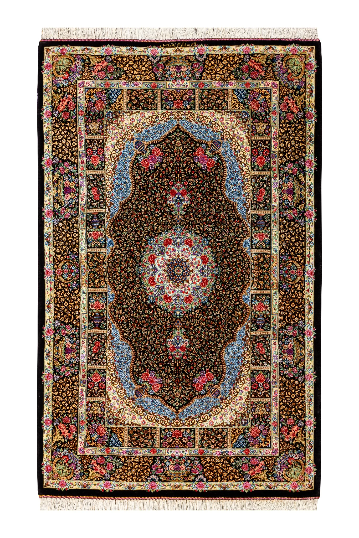 persian-full-silk-qom-1.5sqm-80raj-parsarugs-711-0 Hand-knotted Persian silk Qom carpet black and gold medallion design – 1.5 sqm, 80 Raj, Parsa Rugs