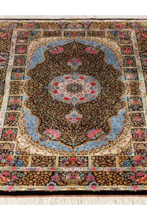 Hand-knotted Persian silk Qom carpet black and gold medallion design – 1.5 sqm, 80 Raj, Parsa Rugs