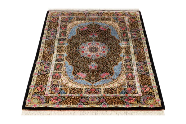 Hand-knotted Persian silk Qom carpet black and gold medallion design – 1.5 sqm, 80 Raj, Parsa Rugs
