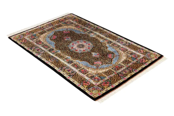 Hand-knotted Persian silk Qom carpet black and gold medallion design – 1.5 sqm, 80 Raj, Parsa Rugs