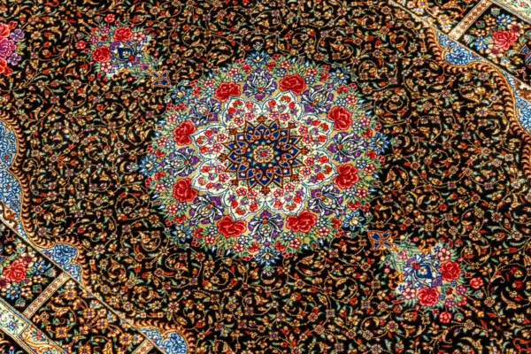 Hand-knotted Persian silk Qom carpet black and gold medallion design – 1.5 sqm, 80 Raj, Parsa Rugs