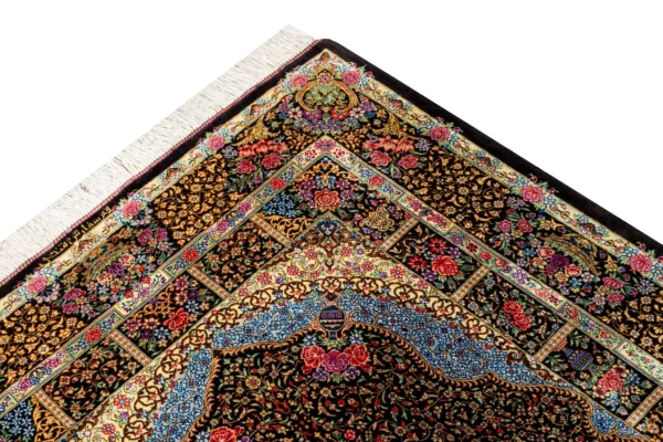 Hand-knotted Persian silk Qom carpet black and gold medallion design – 1.5 sqm, 80 Raj, Parsa Rugs