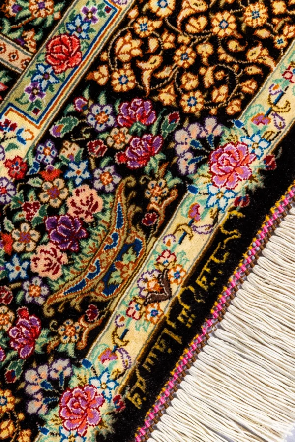 Hand-knotted Persian silk Qom carpet black and gold medallion design – 1.5 sqm, 80 Raj, Parsa Rugs