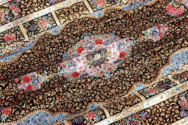 Hand-knotted Persian silk Qom carpet black and gold medallion design – 1.5 sqm, 80 Raj, Parsa Rugs