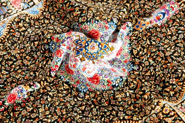 Hand-knotted Persian silk Qom carpet black and gold medallion design – 1.5 sqm, 80 Raj, Parsa Rugs