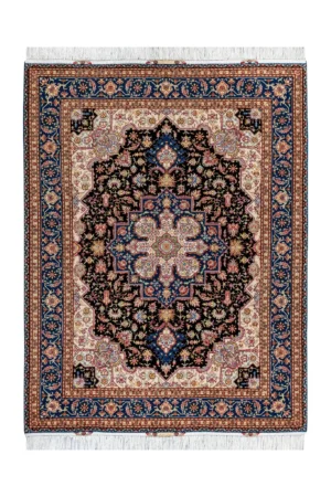 Hand-knotted Persian Heris rug from Tabriz in navy, black, and beige with silk, 2x1.5 fine wool carpet by Parsa Rugs