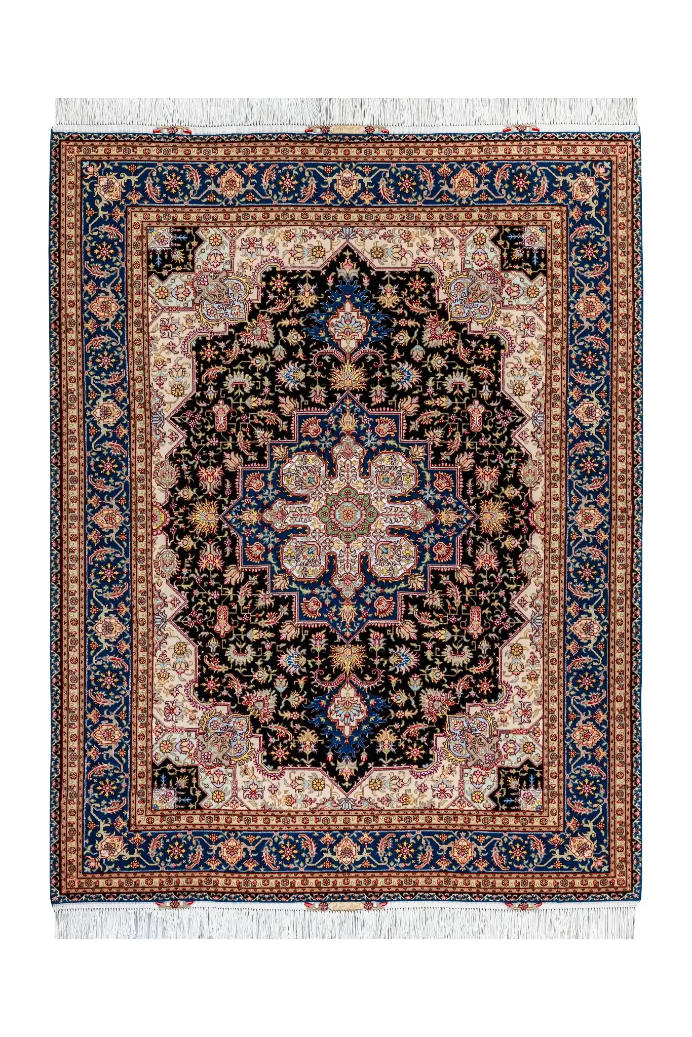 persian-hand-knotted-rug-tabriz-heris-3sqm-923-00 Hand-knotted Persian Heris rug from Tabriz in navy, black, and beige with silk, 2x1.5 fine wool carpet by Parsa Rugs