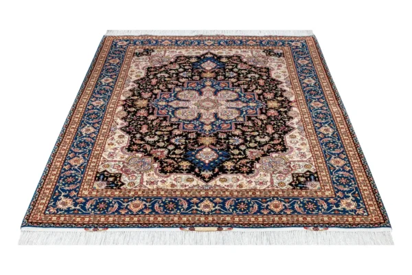 Hand-knotted Persian Heris rug from Tabriz in navy, black, and beige with silk, 2x1.5 fine wool carpet by Parsa Rugs