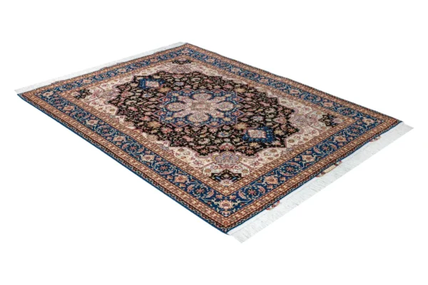 Hand-knotted Persian Heris rug from Tabriz in navy, black, and beige with silk, 2x1.5 fine wool carpet by Parsa Rugs