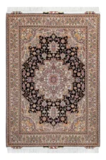 Hand-knotted Tabriz Heris rug in black and ivory with rose and pastel details, fine wool and silk accents, 3 sqm Parsa Rugs.