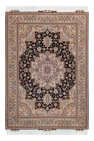 Hand-knotted Tabriz Heris rug in black and ivory with rose and pastel details, fine wool and silk accents, 3 sqm Parsa Rugs.