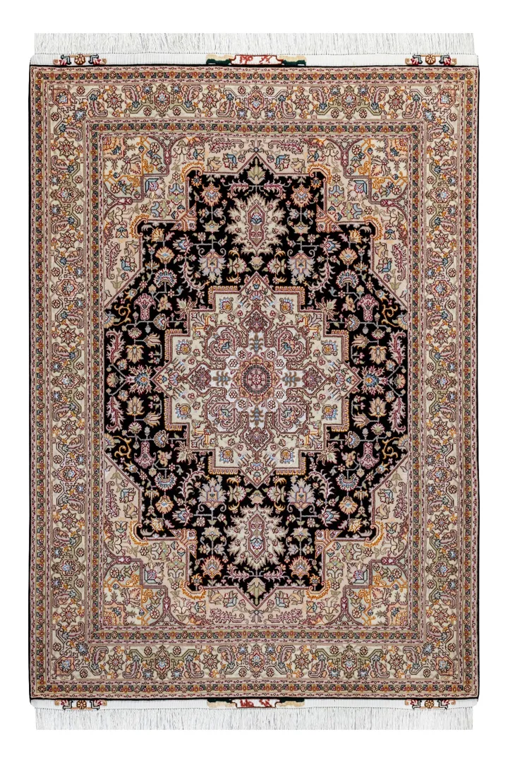 persian-hand-knotted-rug-tabriz-heris-3sqm-heris-769-0 Hand-knotted Tabriz Heris rug in black and ivory with rose and pastel details, fine wool and silk accents, 3 sqm Parsa Rugs.