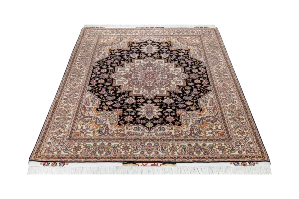 Hand-knotted Tabriz Heris rug in black and ivory with rose and pastel details, fine wool and silk accents, 3 sqm Parsa Rugs.