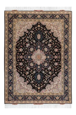 Hand-knotted Persian Tabriz Heris rug in black and cream tones with a central medallion, made of fine wool with silk highlights – 3 sqm, 50 Raj density.