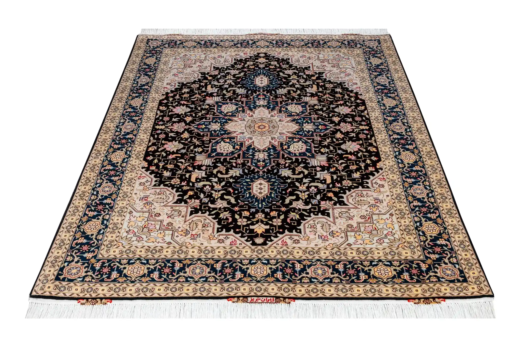 Hand-knotted Persian Tabriz Heris rug in black and cream tones with a central medallion, made of fine wool with silk highlights – 3 sqm, 50 Raj density.