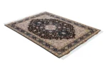 Hand-knotted Persian Tabriz Heris rug in black and cream tones with a central medallion, made of fine wool with silk highlights – 3 sqm, 50 Raj density.