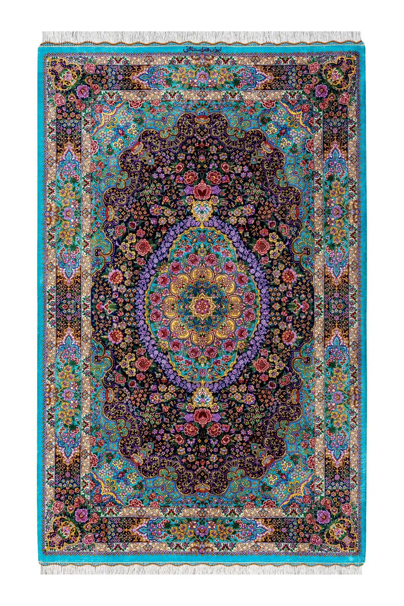 persian-qom-full-silk-small-80raj-parsarugs-990-0 Qom silkauthentic Persian carpet with floral medallion, hand-knotted, 80 Raj, signed by Eshaghi sold by Parsa Rugs
