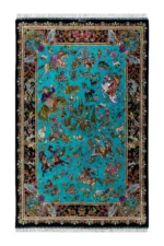 Qom pure silk hunting carpet hand-knotted in Iran, 80 Raj, turquoise field, by ParsaRugs