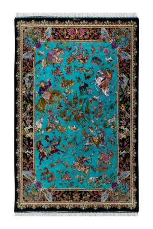 Qom pure silk hunting carpet hand-knotted in Iran, 80 Raj, turquoise field, by ParsaRugs