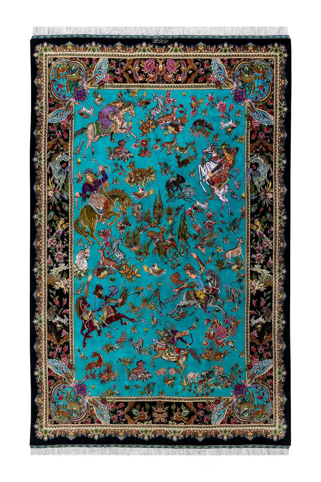 persian-qom-hunt-pure-silk-80raj-3sqm-902-0 Qom pure silk hunting carpet hand-knotted in Iran, 80 Raj, turquoise field, by ParsaRugs
